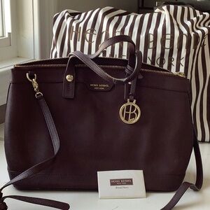 Henri Bendel Eggplant Satchel with Dual Handles and Gold Hardware